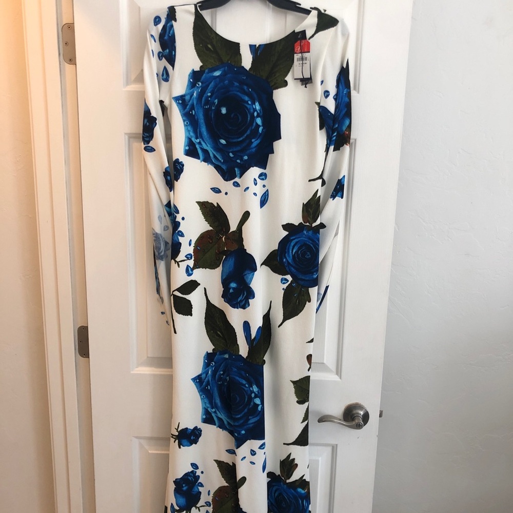 Blue floral white evening dress (long)